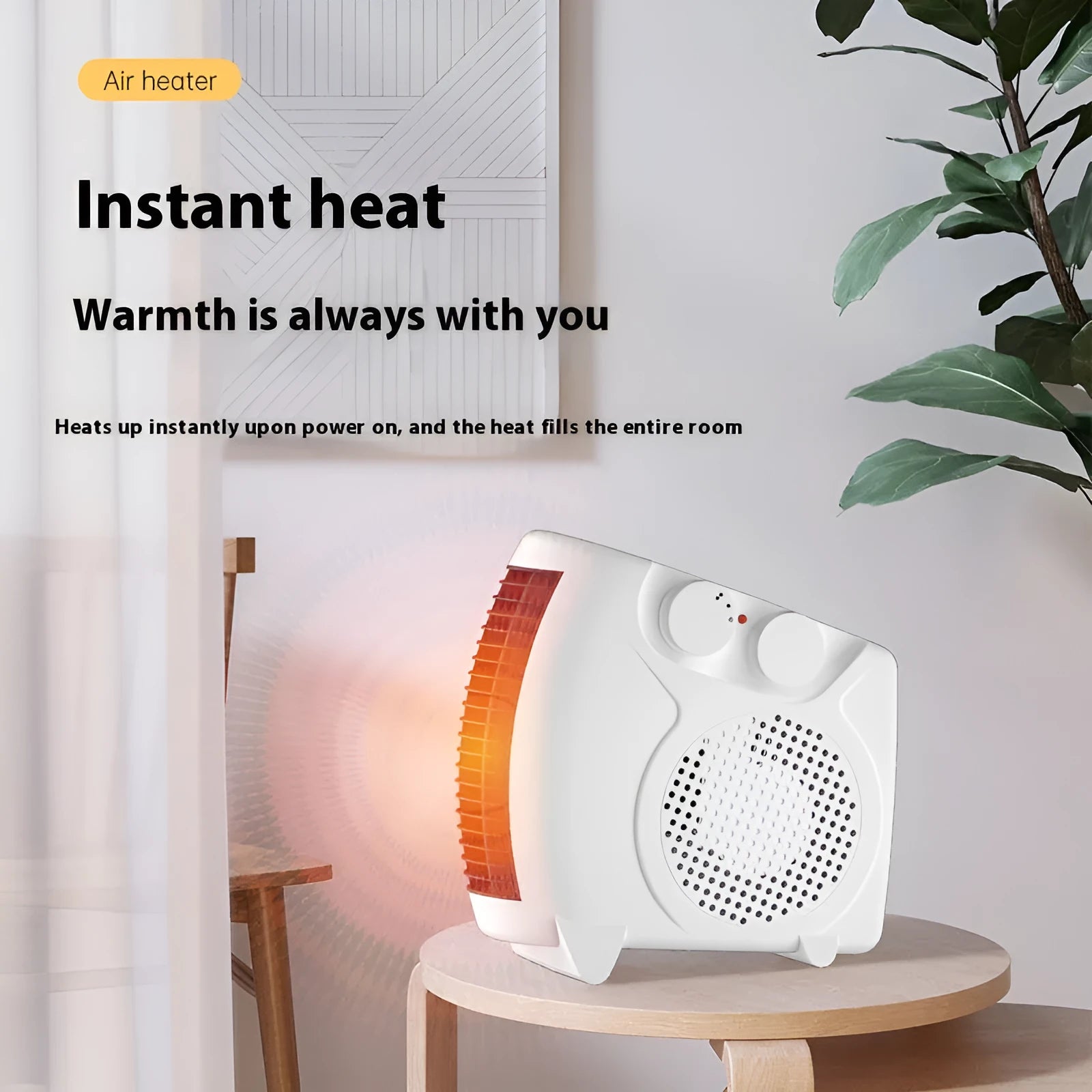 White small electric heater on a desktop with dimensions 290mm wide by 2240mm high.