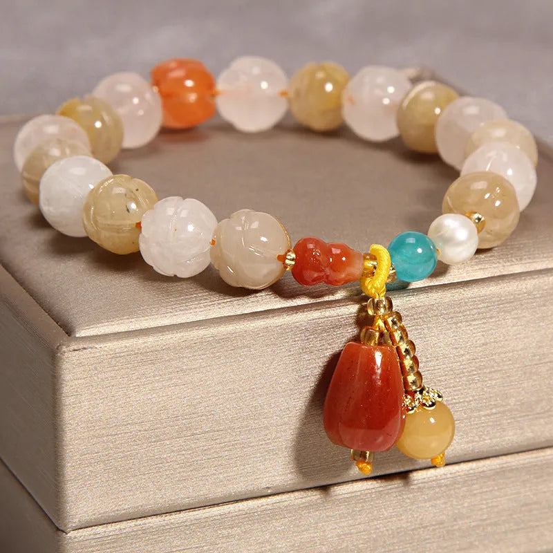 Khaki crystal bracelet with gold silk threading details for women