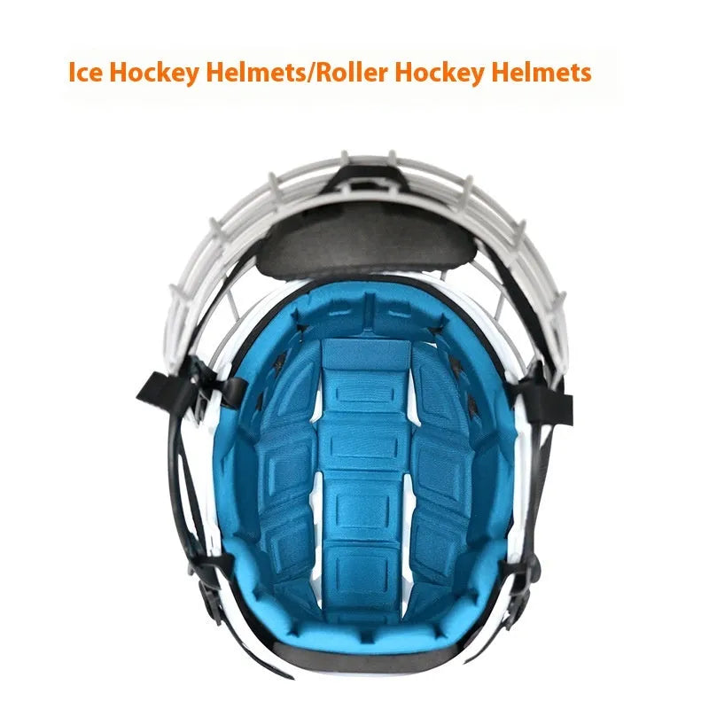 Ice hockey helmet with a carbon steel face mask showing impact-resistant PP shell exterior.