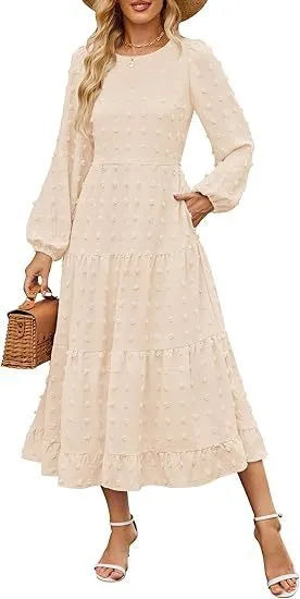 Women's long sleeve casual dress in beige with ruffle sleeves and a high waist.