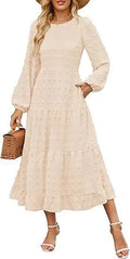 Women's long sleeve casual dress in beige with ruffle sleeves and a high waist.