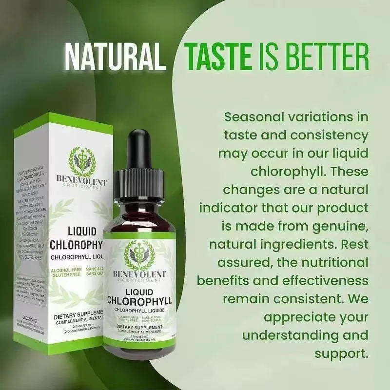 60ml glass bottle of natural green liquid chlorophyll drops for adult intestinal support.