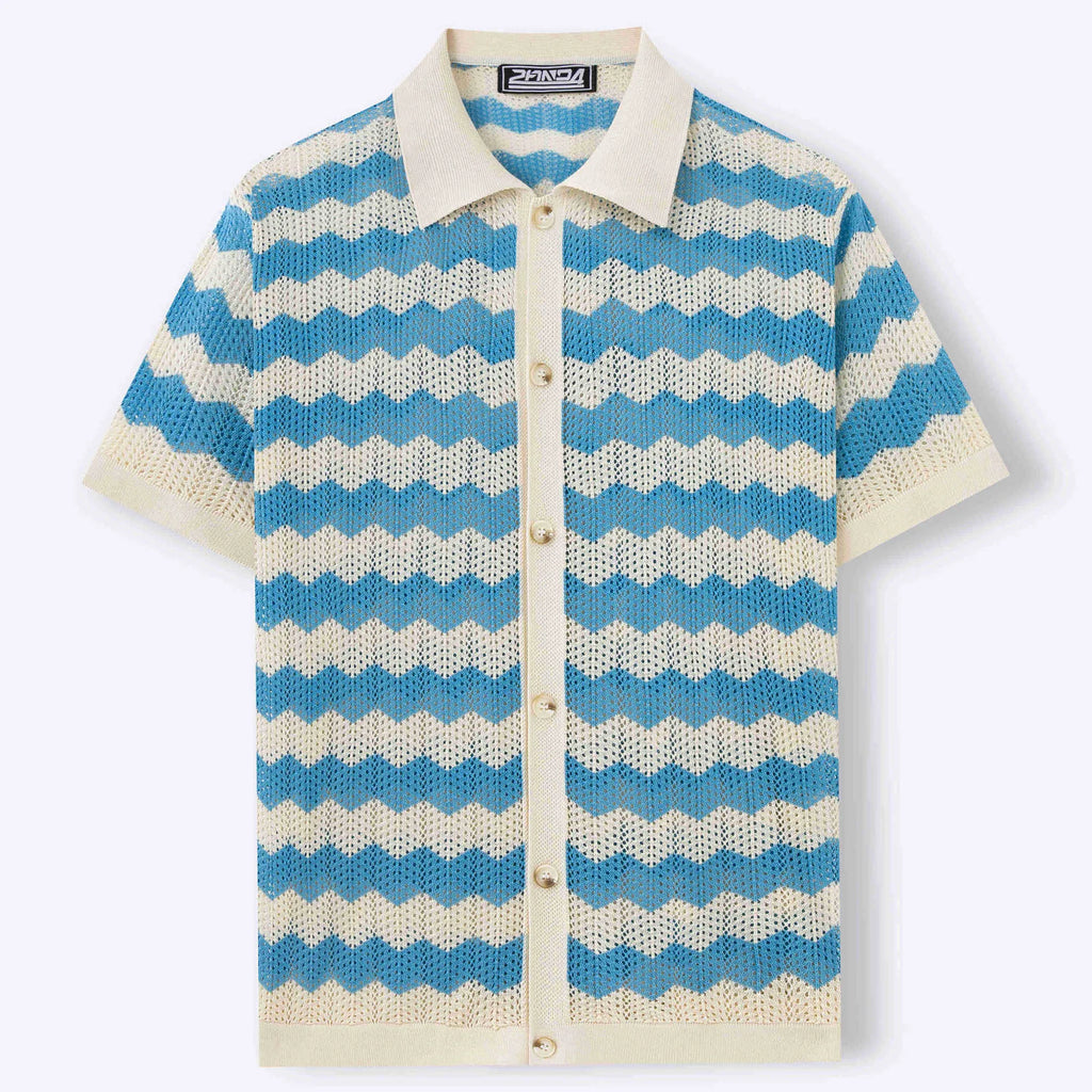 Men's blue short-sleeve sweater with a textured hollow jacquard corrugated pattern.