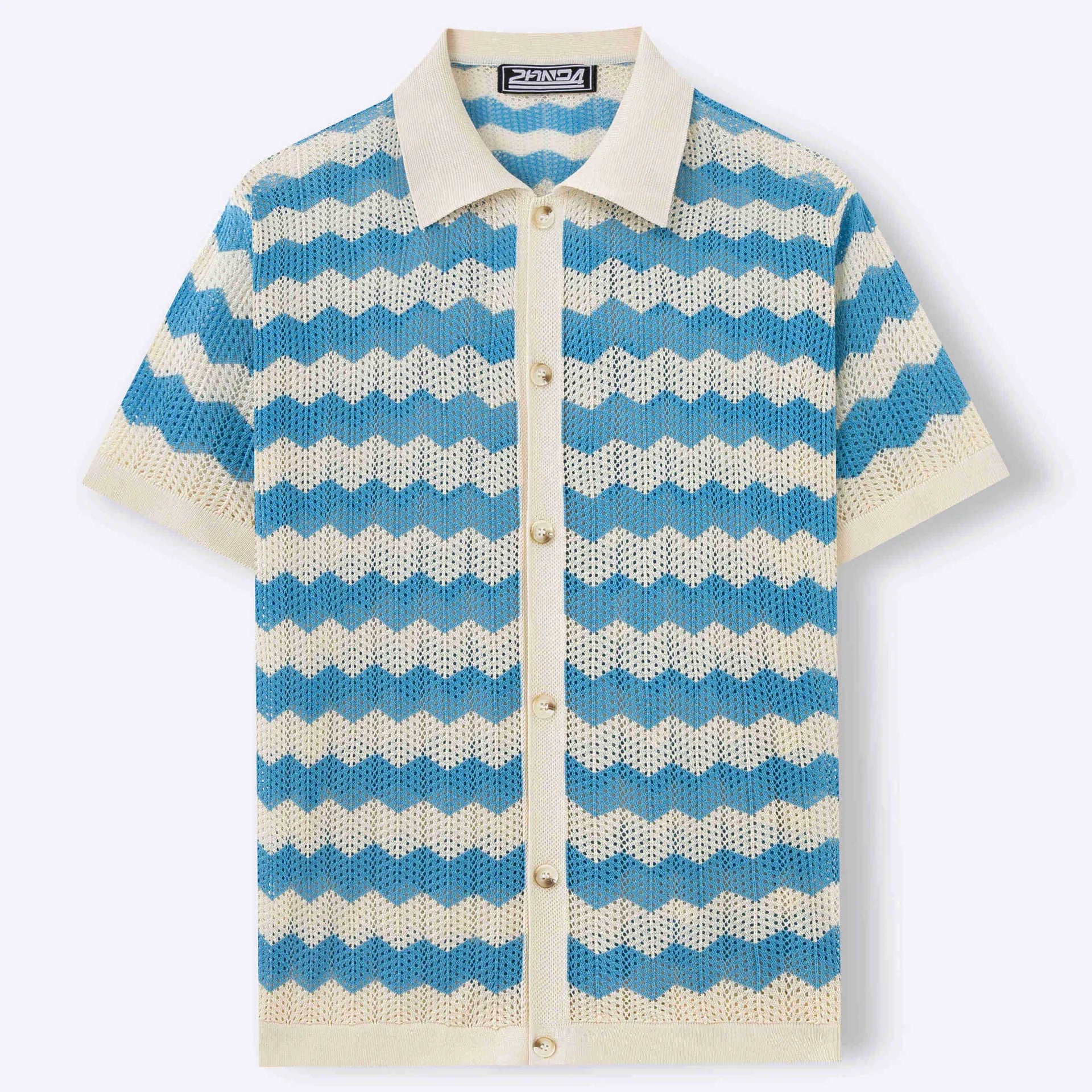 Men's blue short-sleeve sweater with a textured hollow jacquard corrugated pattern.