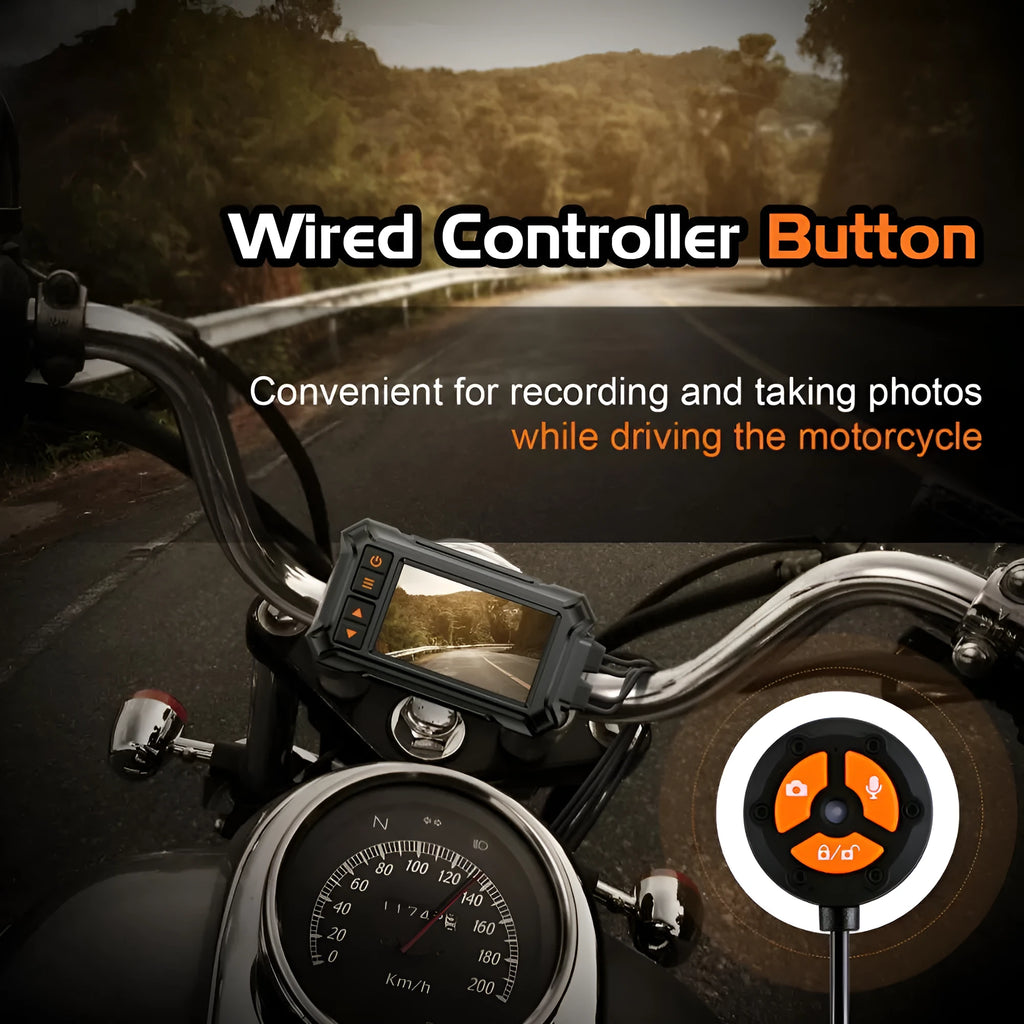 Motorcycle dash cam unit with 3-inch screen, dual lenses, GPS module, and installation cables on a black background.