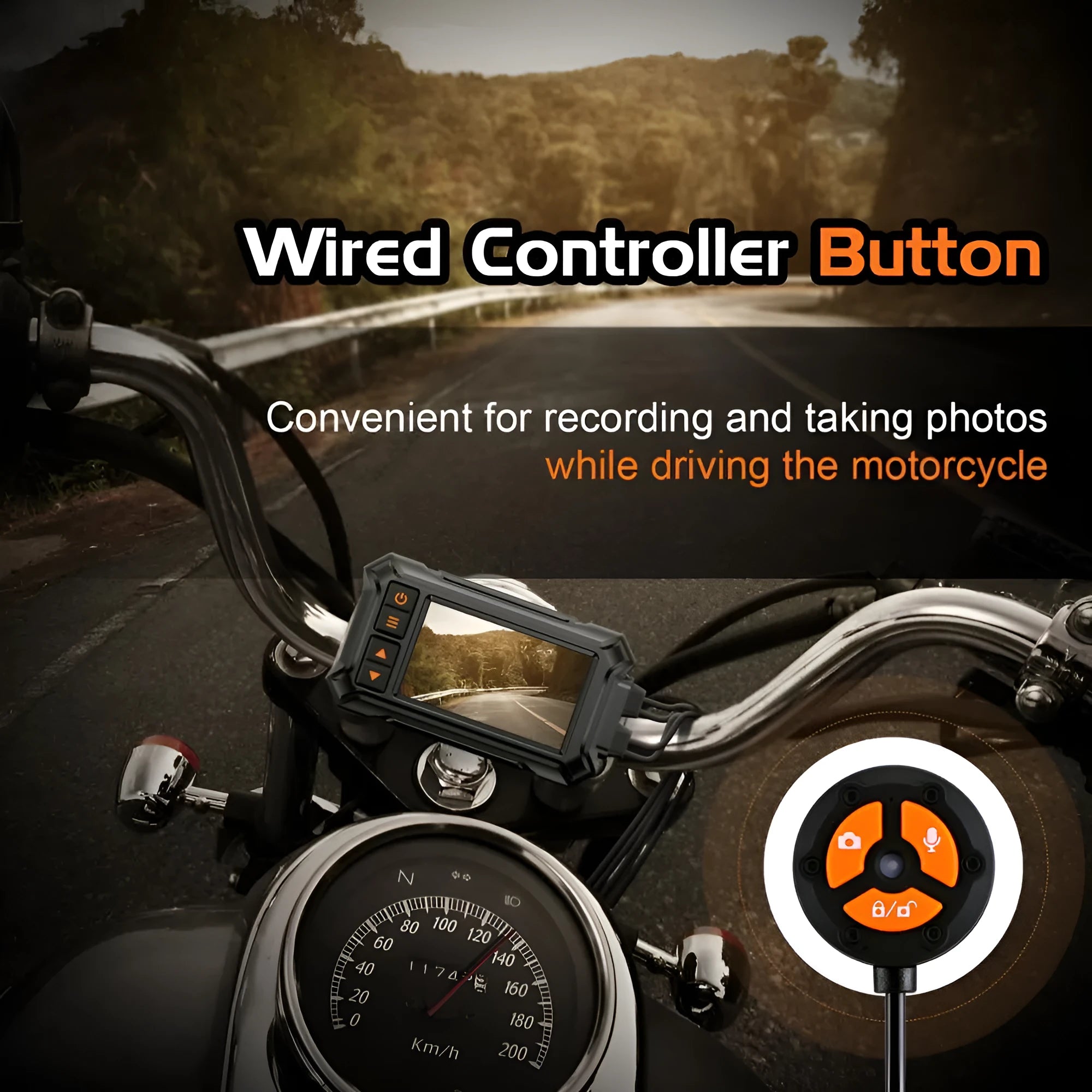 Motorcycle dash cam unit with 3-inch screen, dual lenses, GPS module, and installation cables on a black background.