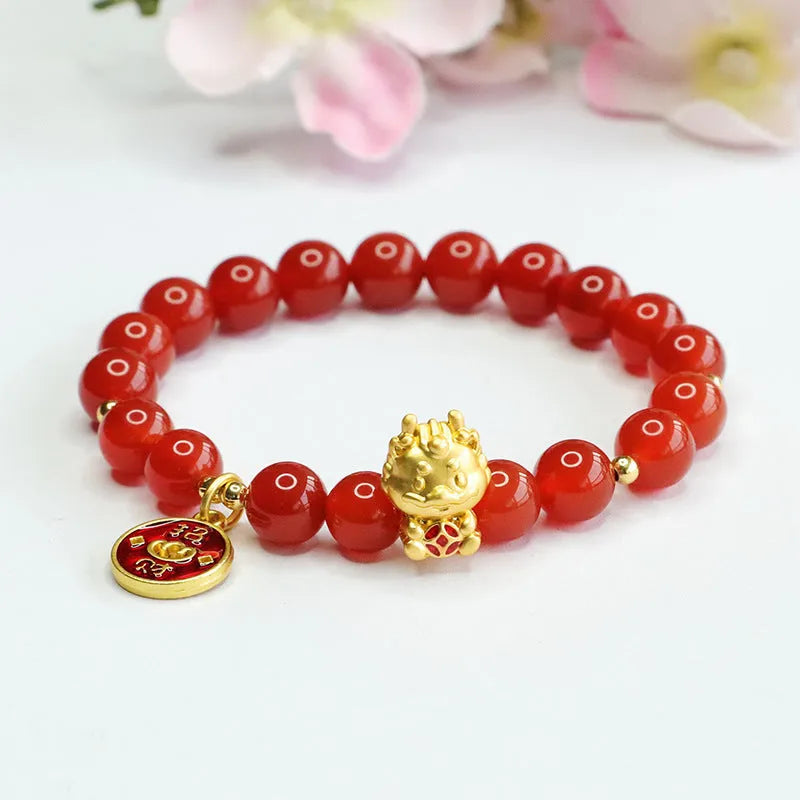 Red agate dragon zodiac bracelet with 8mm beads in traditional Chinese style