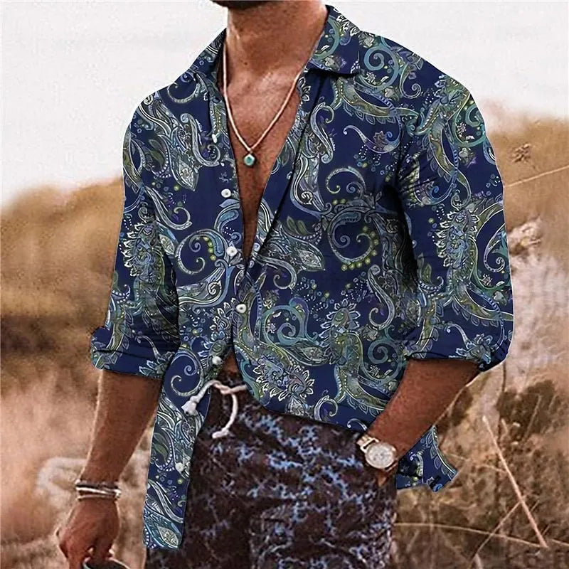 Men's loose fit shirt with 3D floral pattern printing, long sleeves, business casual styling