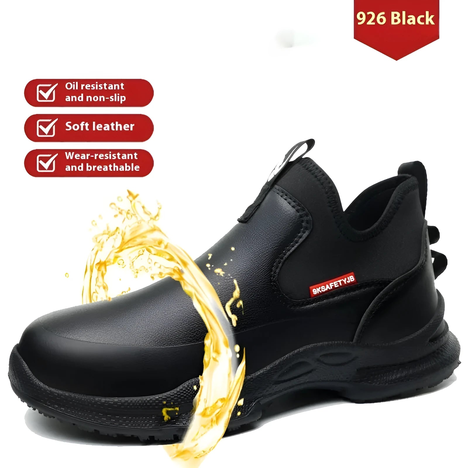Men's black high-cut waterproof work shoes with rubber anti-slip soles