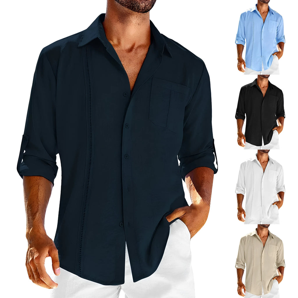 Mens solid colour long sleeve casual shirt with a polo collar and chest pocket