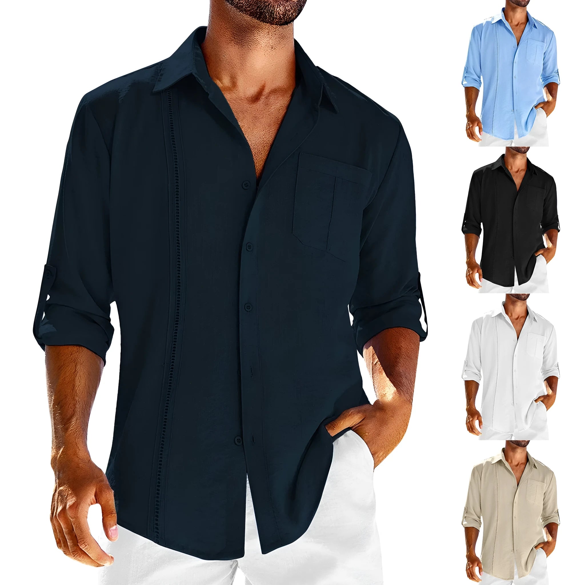 Mens solid colour long sleeve casual shirt with a polo collar and chest pocket