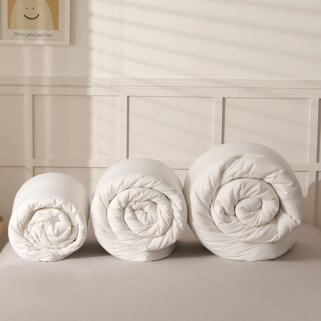 Soybean fibre quilt with pure cotton fabric in grey, pink jade, or white, shown in various sizes.