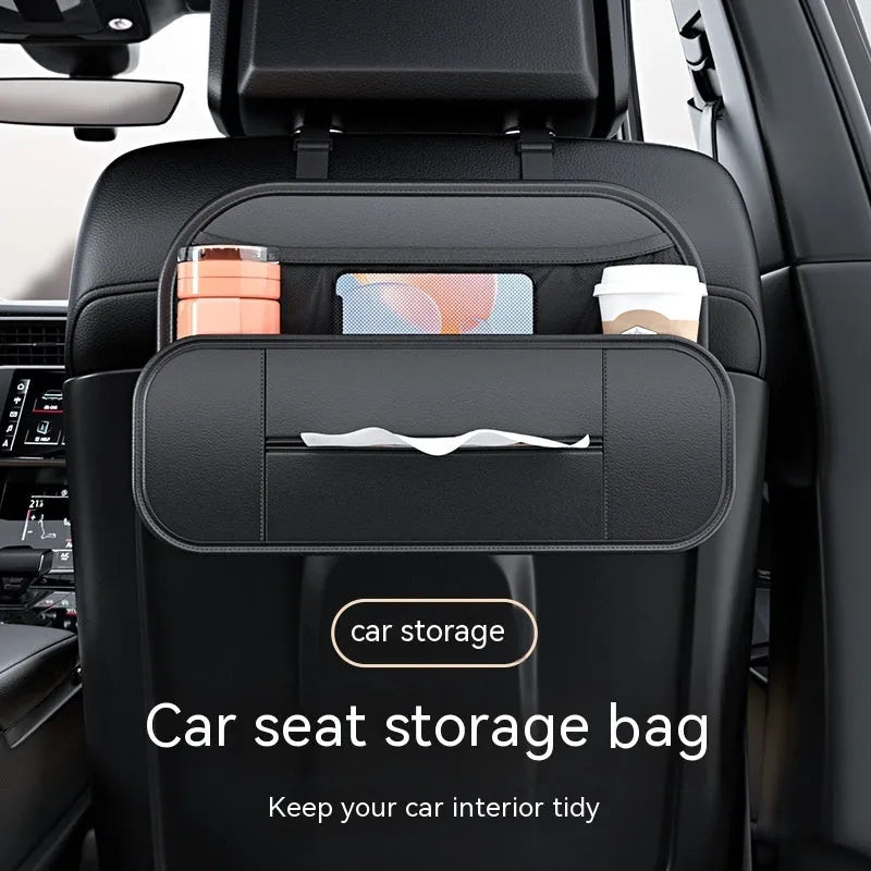 Black leather car seat back storage bag with mesh pockets for phones and bottles.