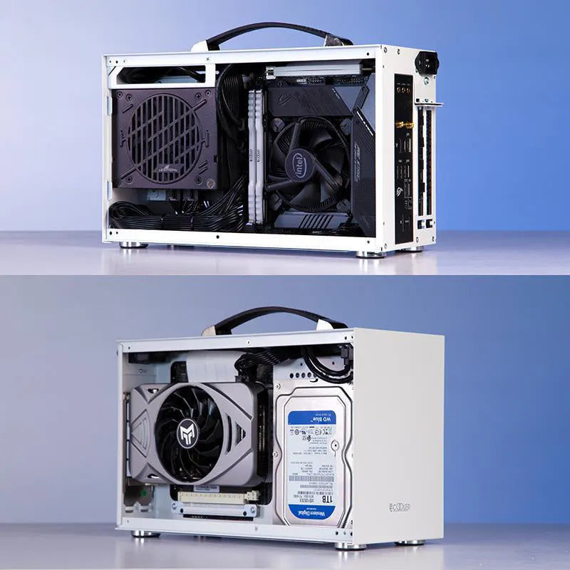 Hummingbird PRO mini-ITX desktop computer chassis in titanium grey and white colours.