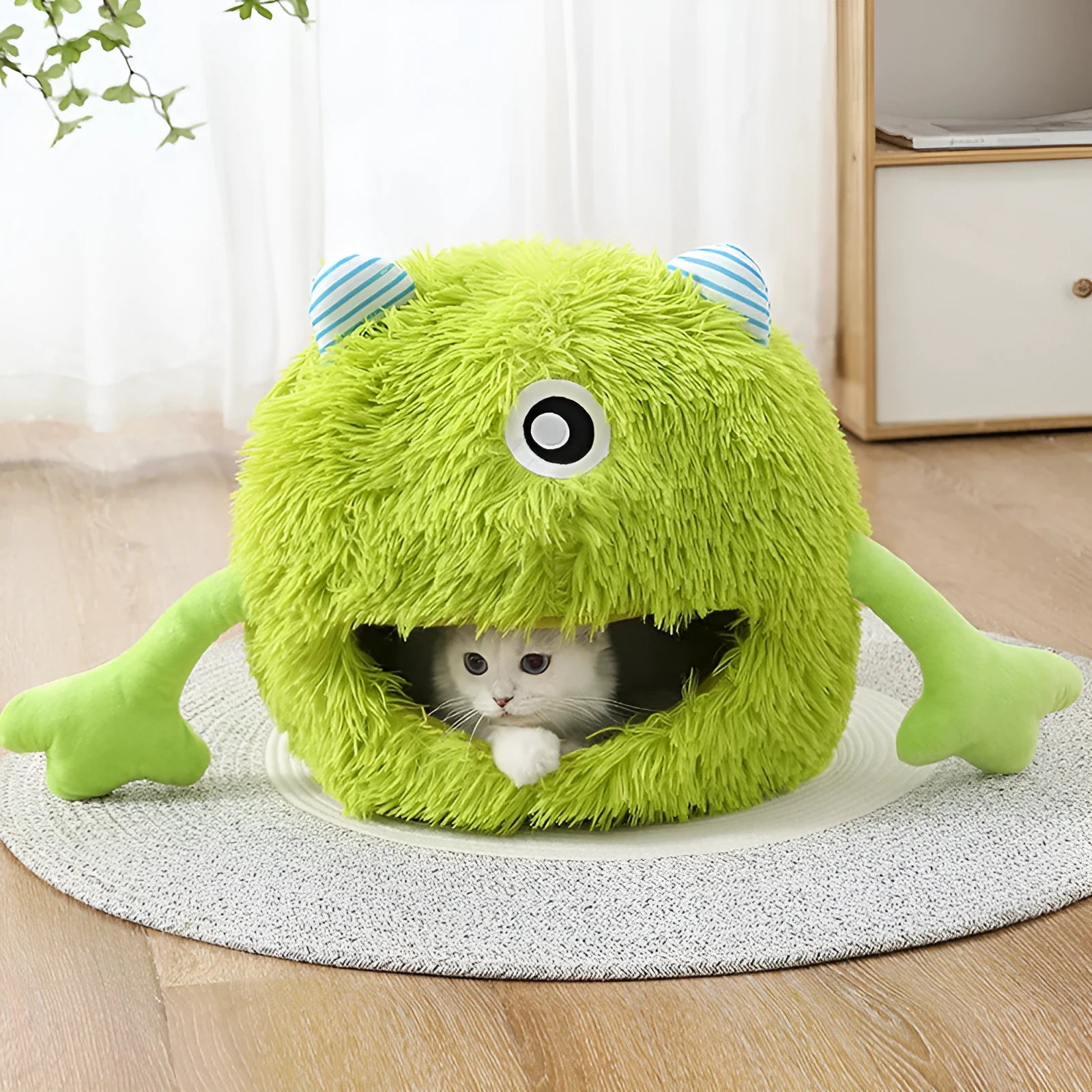 Round fluffy plush cat bed with non-slip bottom in three size options