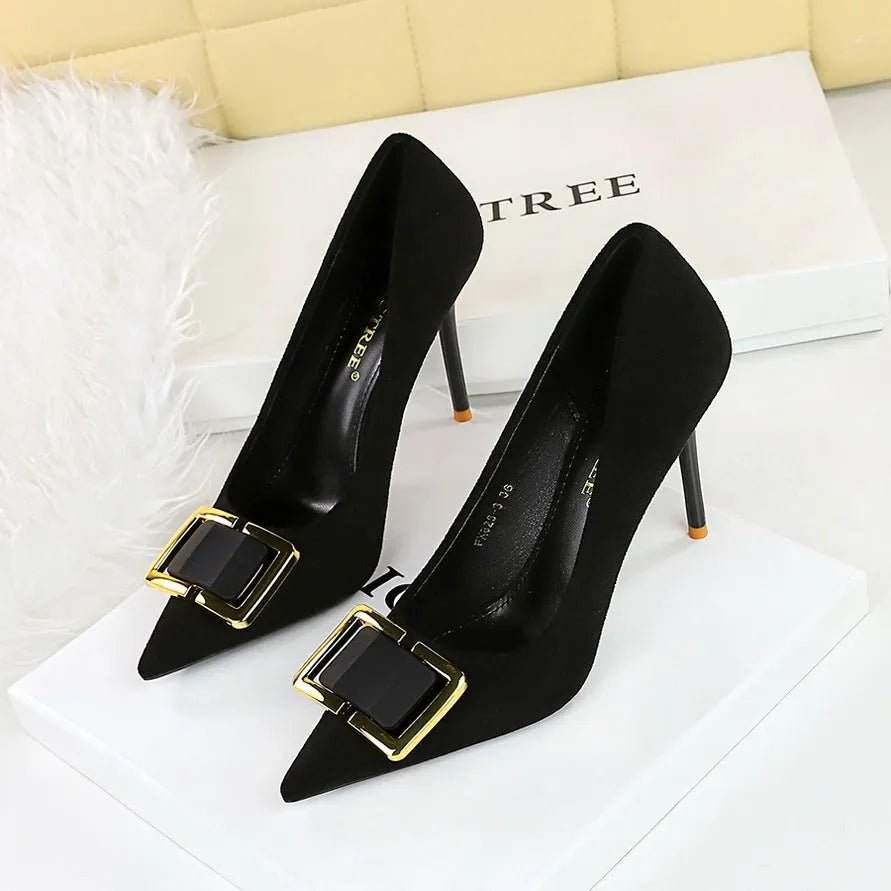 Black suede women's stiletto heels with 9cm heel height and pointed toe