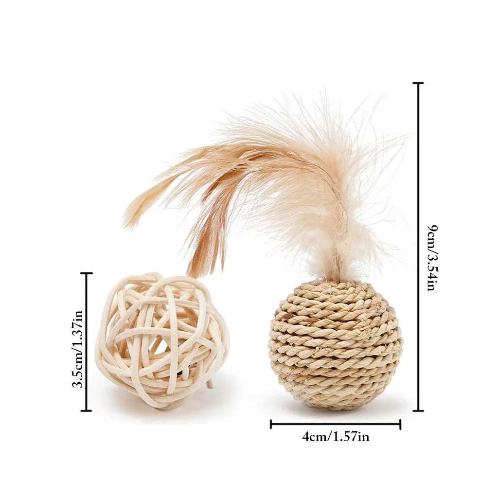 Cat toy set showing rattan ball and faux feather ball with bell, measuring 4x9cm and 3.5cm diameter respectively