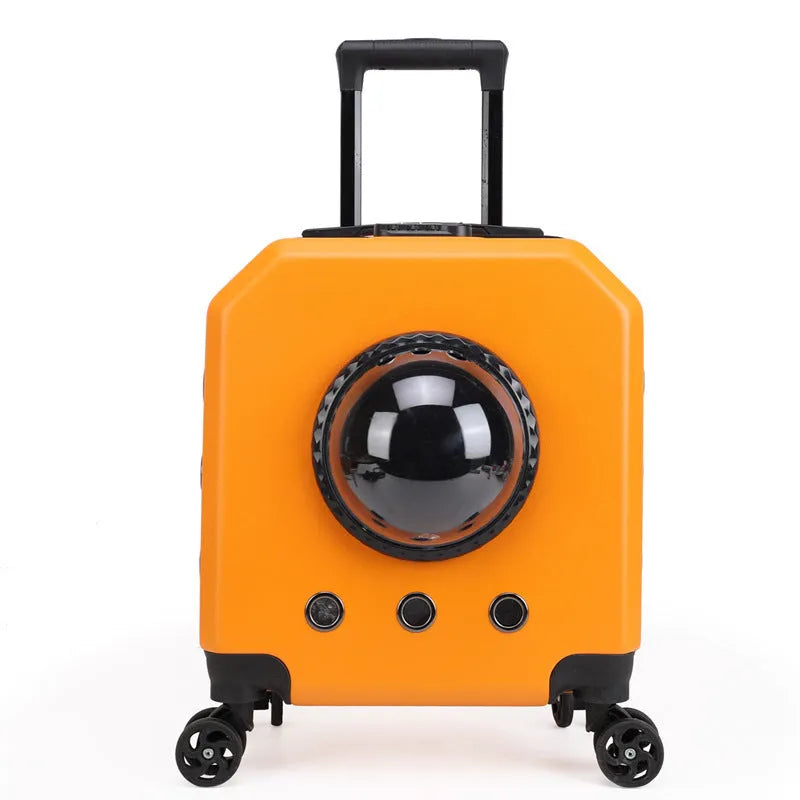 Hard-shell PVC pet trolley case for cats with wheels, shown in one of four colours: orange, pink, white, or burgundy.