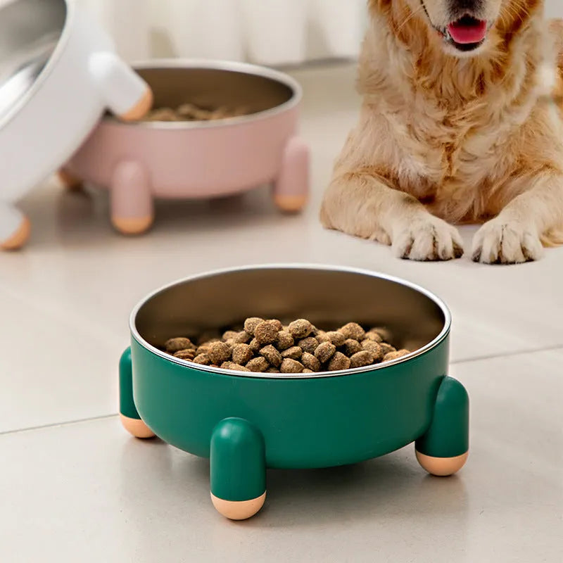 Green non-slip stainless steel pet food bowl with anti-overturn base and raised foot