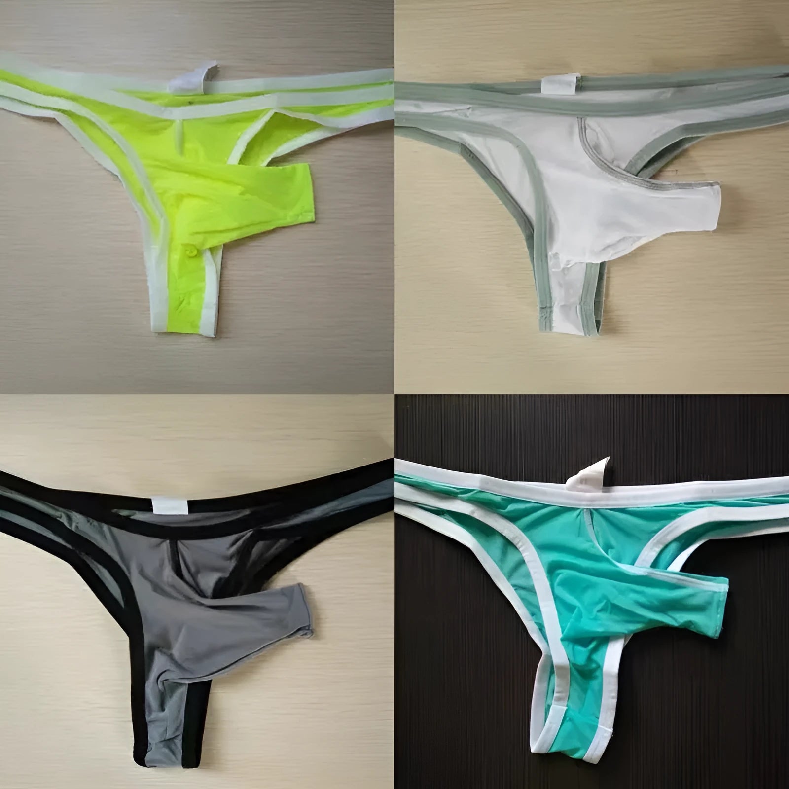 Men's Ice Silk elephant nose design briefs shown in multiple colours including army green, black, and sky blue.