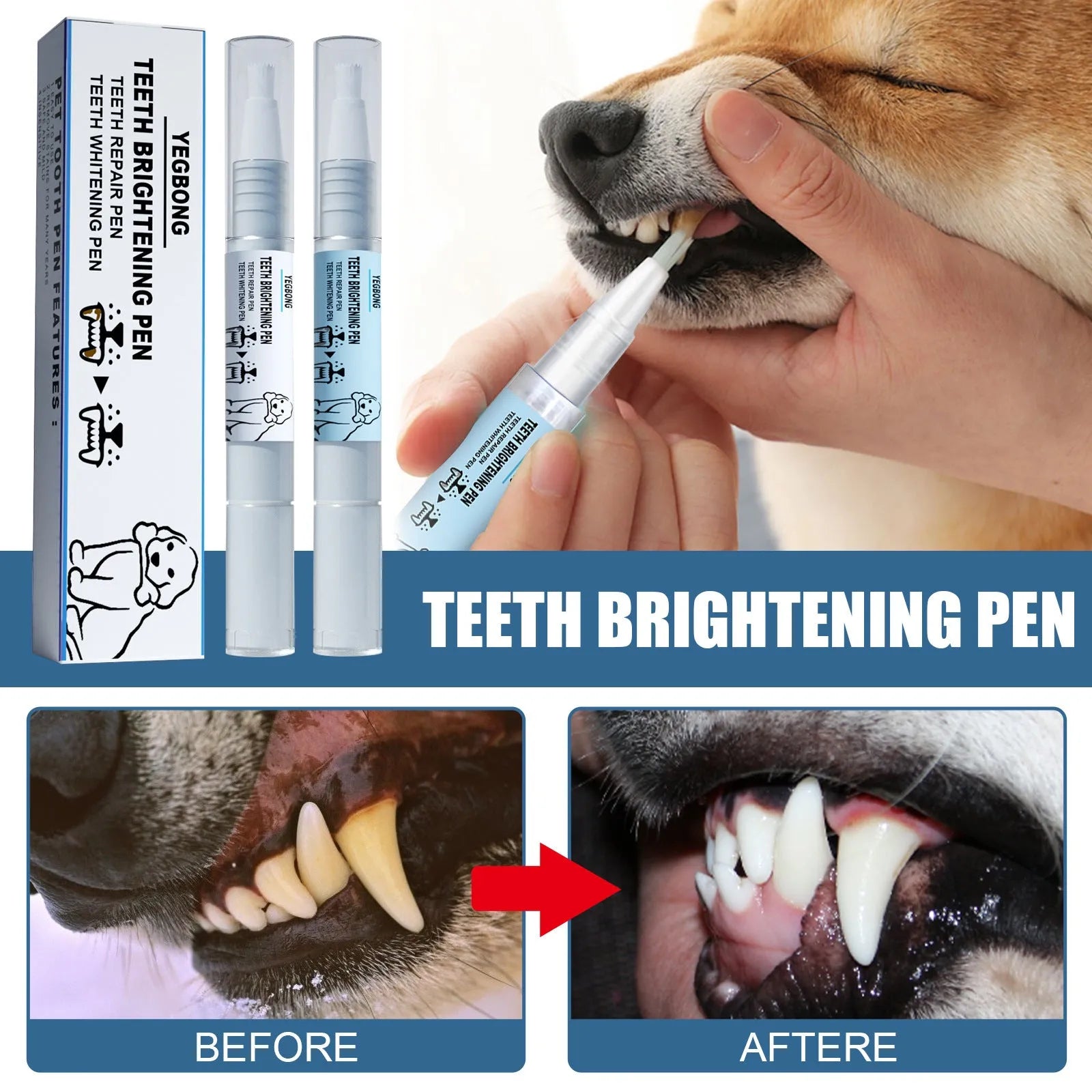 White pet teeth whitening pen kit with two 3ml applicators and dental brushes for dog and cat dental care