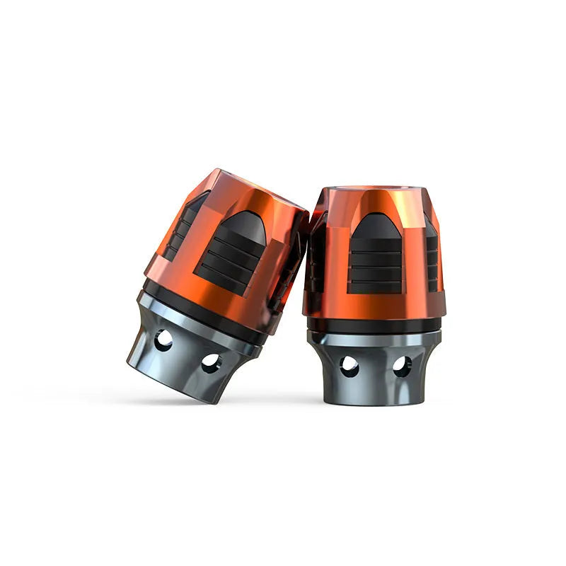Pair of anodised aluminium fork cups for motorcycle or electric car front axle, shown in one of seven available colours.