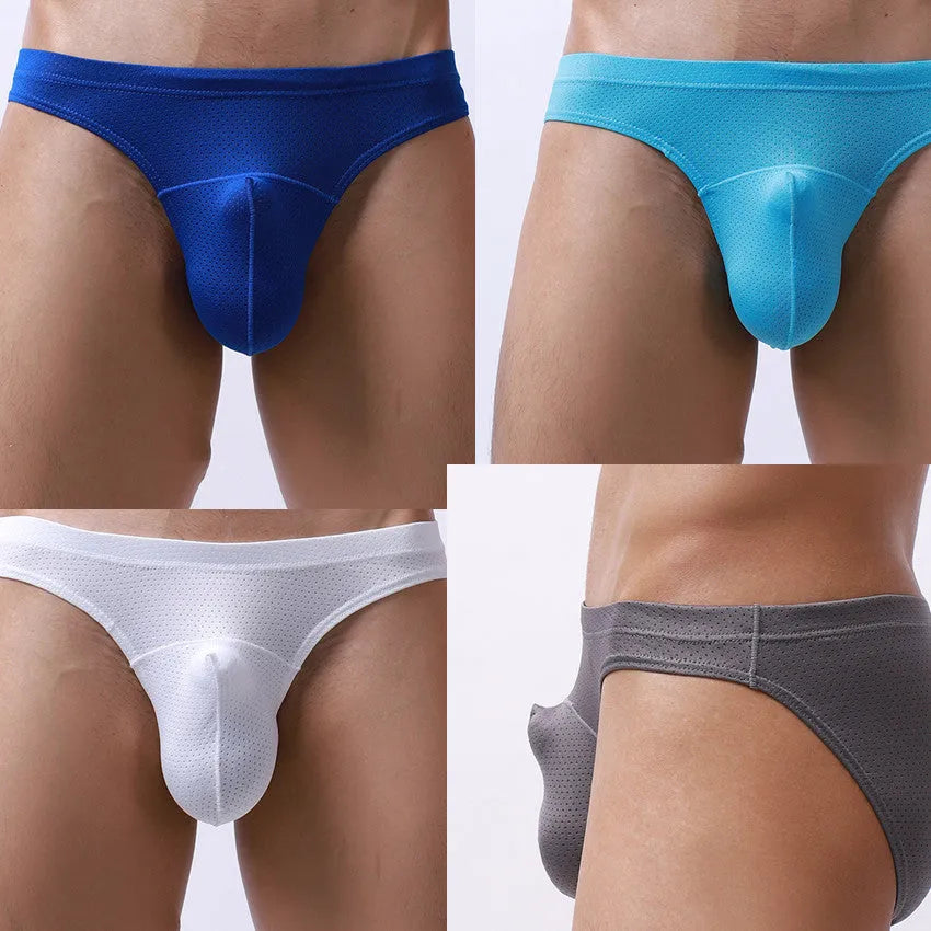 Men's transparent nylon boxer shorts laid flat in blue, black, white, grey, and sky blue colours.