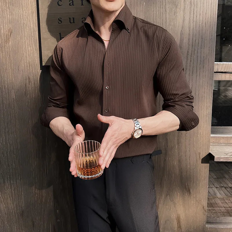 Men's dark striped V-neck long sleeve casual shirt in a polyester blend fabric.