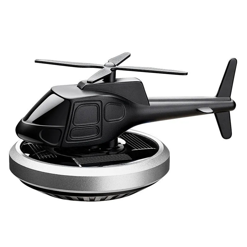 Solar-powered rotating metal car air freshener decoration in silver, black or blue colour