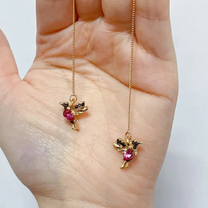 Bird hanging long drop earrings with mixed zirconium wings in red, blue, and red lvzuan colour options