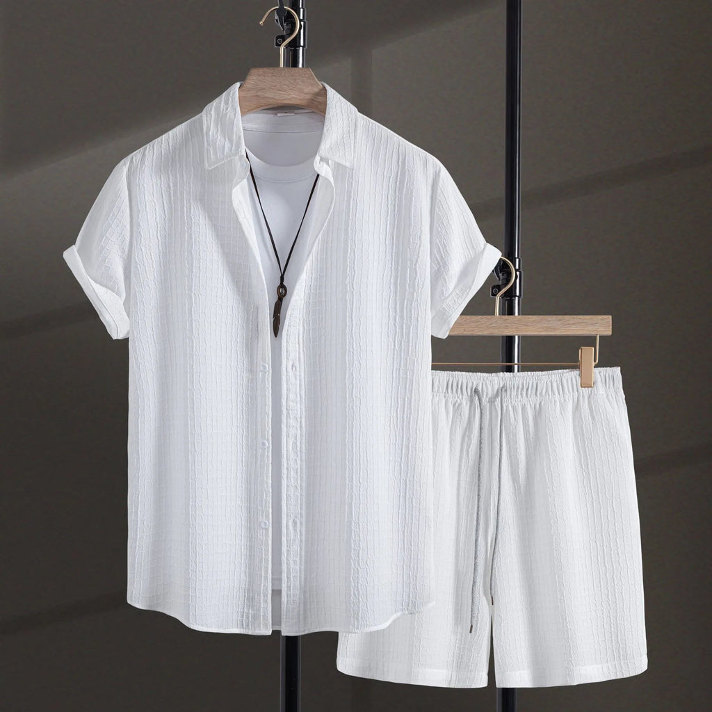 Men's white jacquard cotton blend short sleeve shirt and matching shorts casual two-piece set