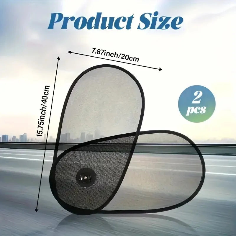 Black adjustable car side window sunshade with suction cups stretched over glass