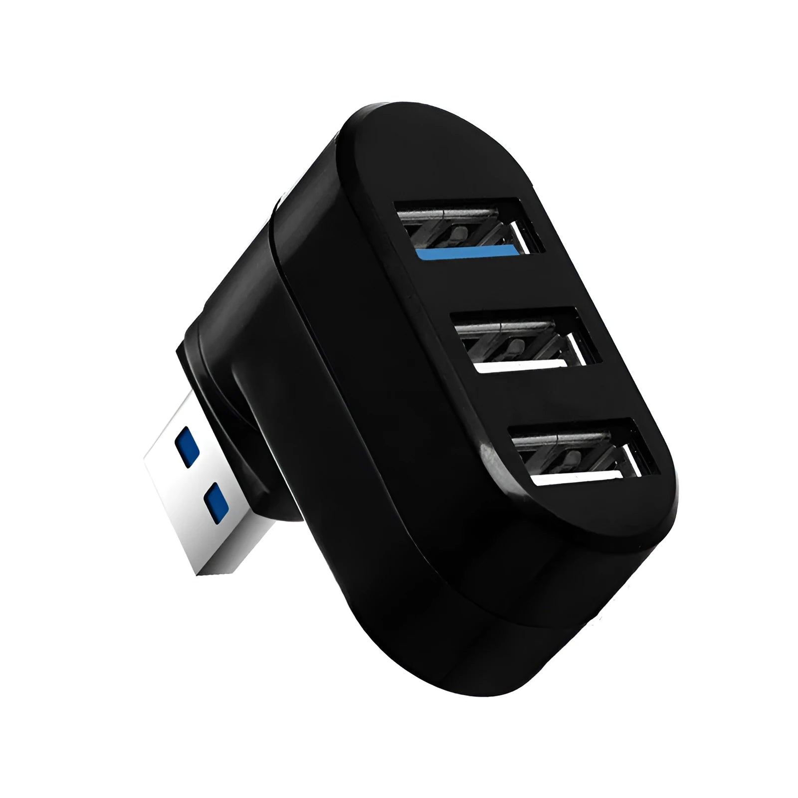 Black and white USB rotary splitter hub with four USB 3.0 ports on rotating ABS plastic body