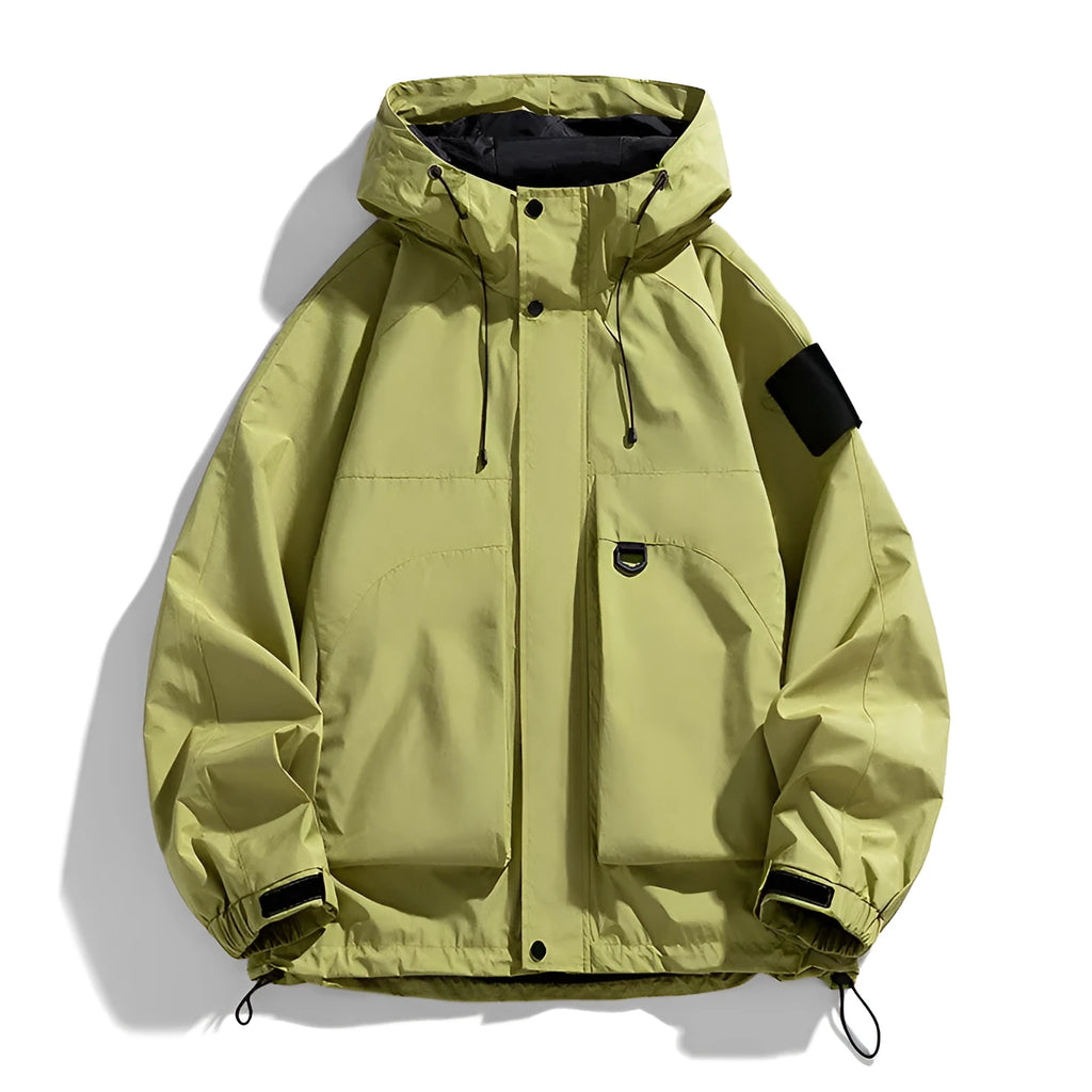 Men's windproof waterproof hooded coat in black, purple or ginger yellow colours with long sleeves