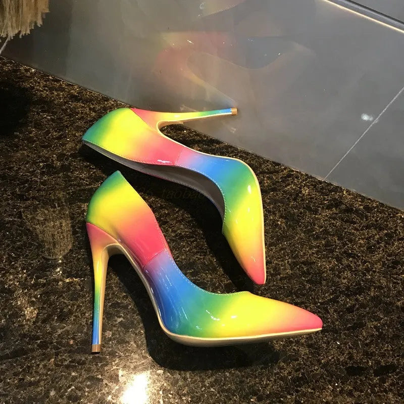 Rainbow patent leather women's high heels with pointed toe and thin heel