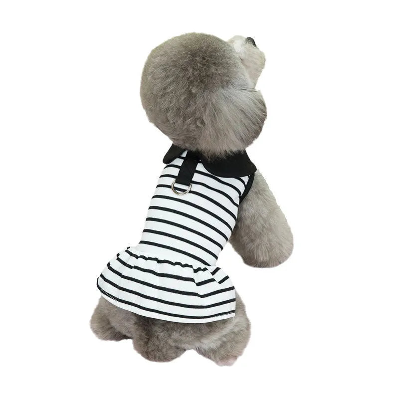 Matching cotton t-shirt and stripe skirt pet clothing set for dogs and cats in summer