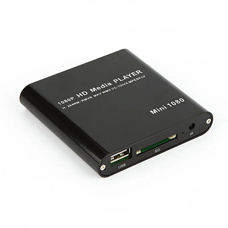 Compact blue or black 1080P media player with HDMI USB ports and all metal casing
