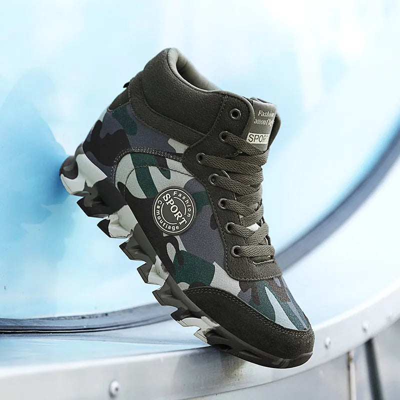 Women's green camouflage canvas sneakers with rubber sole on white background