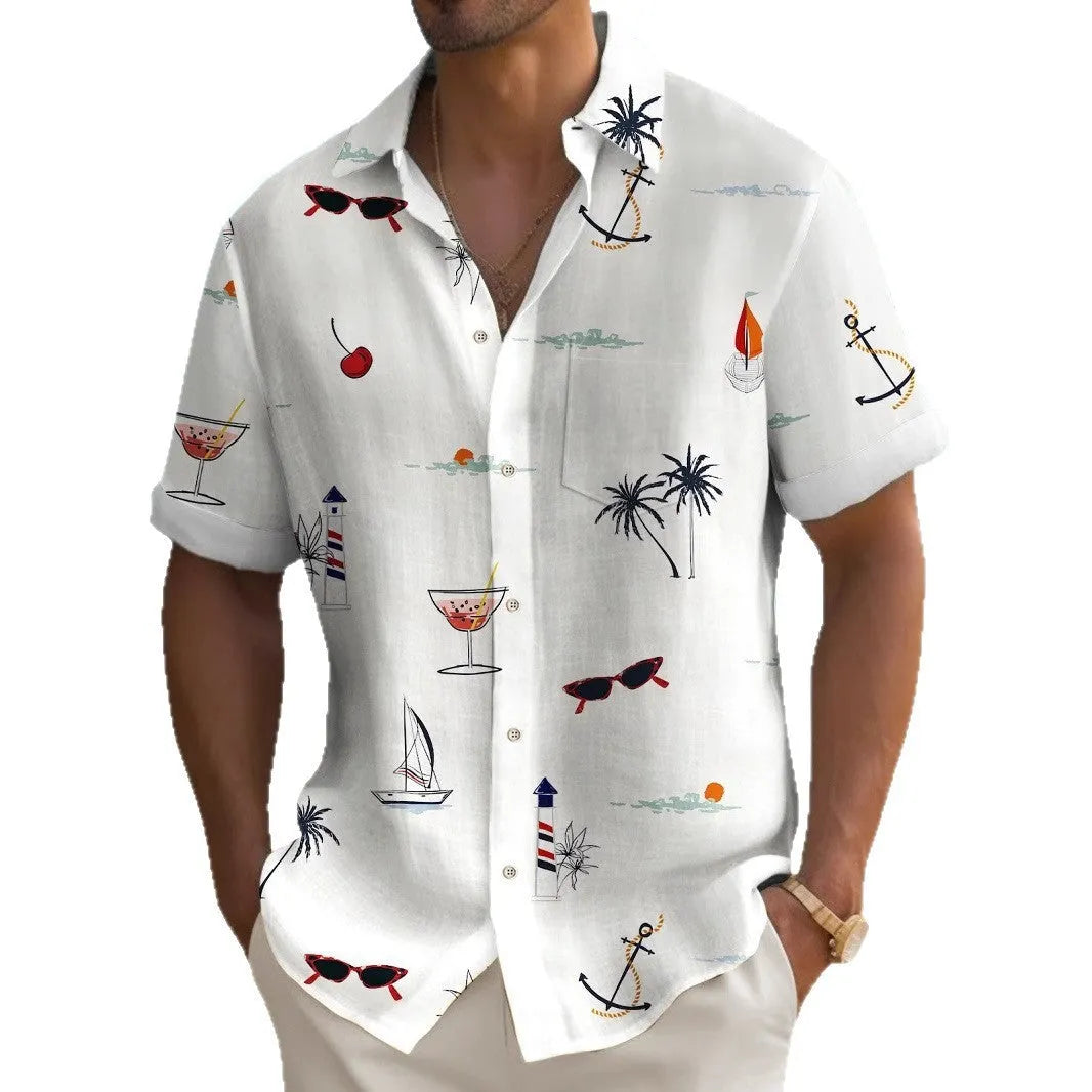 Men's loose-fit Hawaiian shirt with colourful digital print pattern on polyester fabric.