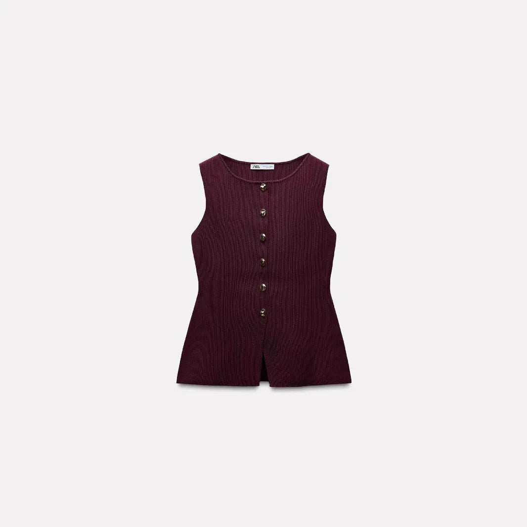 Women's slim fit gold button cardigan vest in viscose fibre, available dark red or white