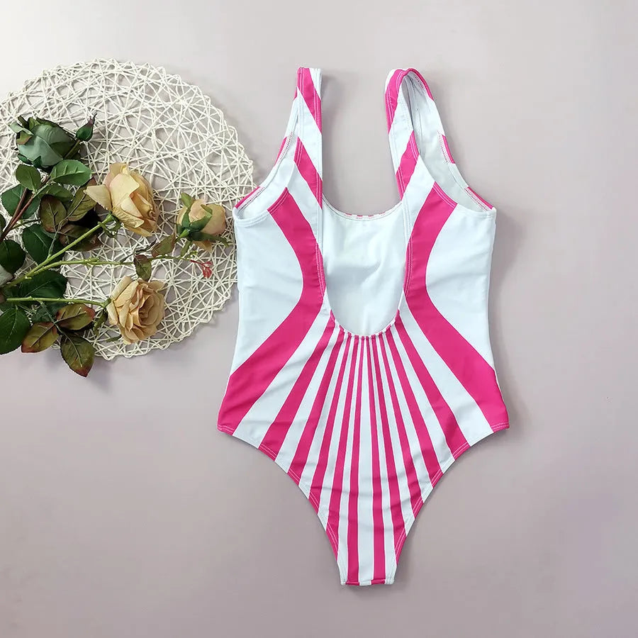 Women's pink striped one-piece swimsuit with front and rear digital printing alignment