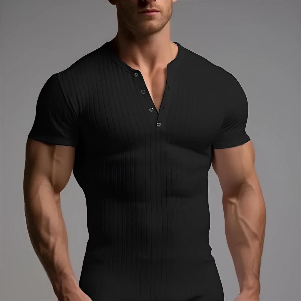Men's slim-fit solid colour sports muscle T-shirt on a hanger, shown in khaki.