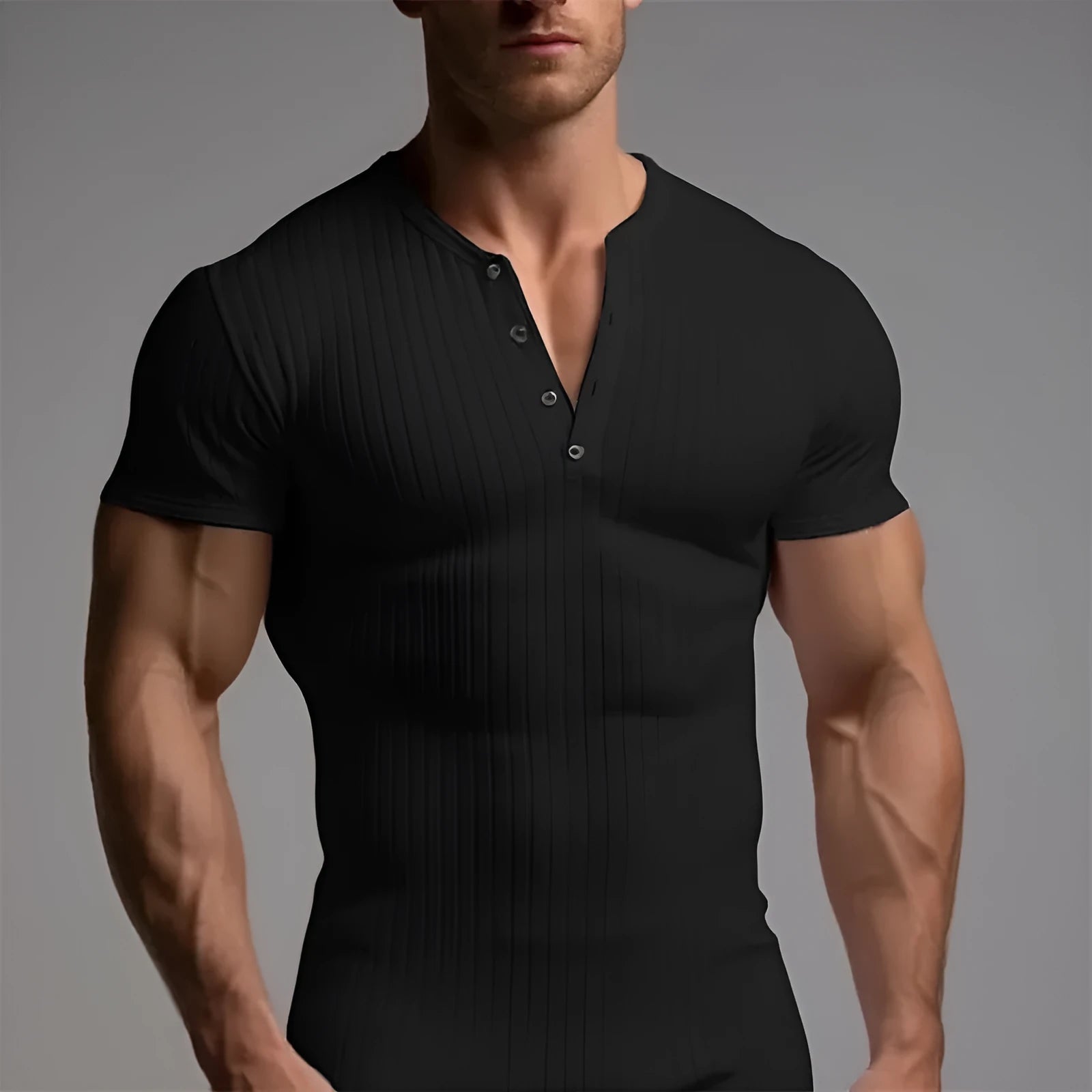 Men's slim-fit solid colour sports muscle T-shirt on a hanger, shown in khaki.