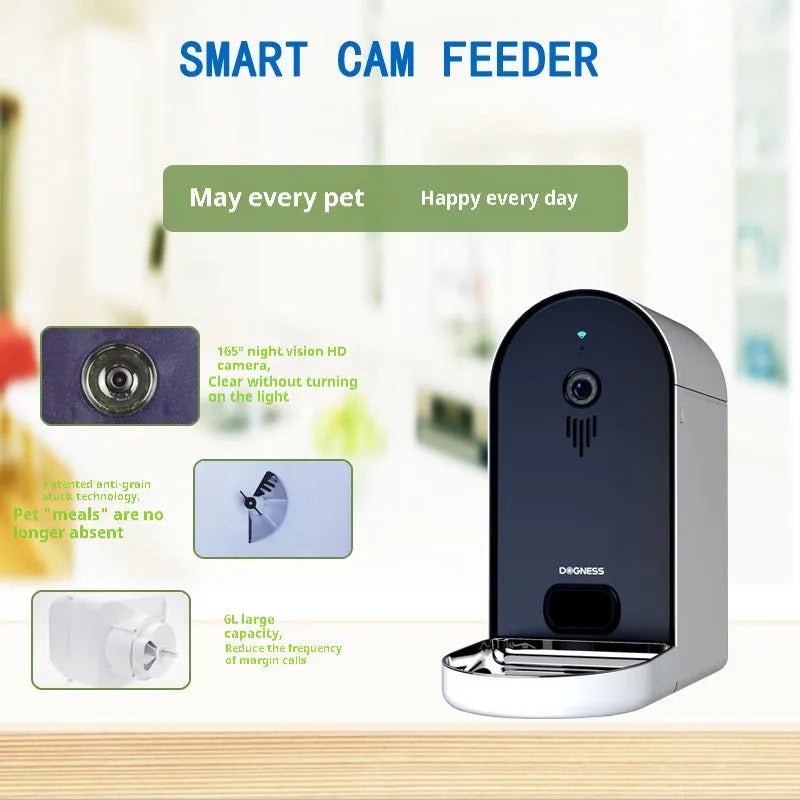 Smart automatic pet feeder with remote monitoring in Barbie pink and ivory white colour combination
