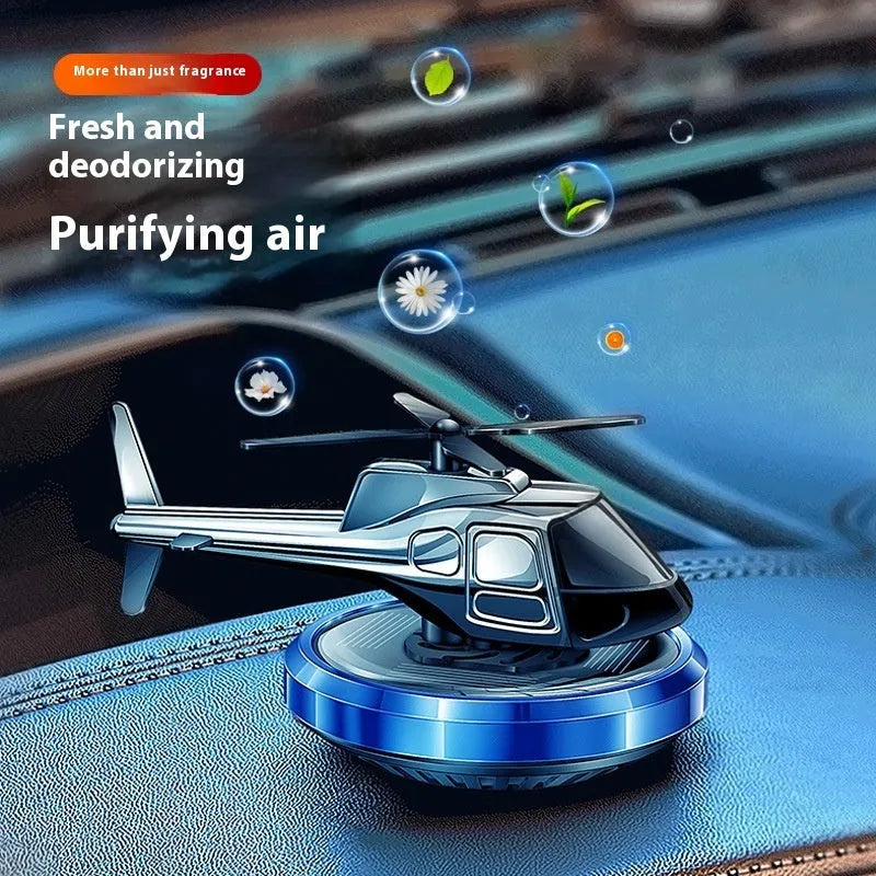 Solar-powered rotating metal car air freshener decoration in silver, black or blue colour
