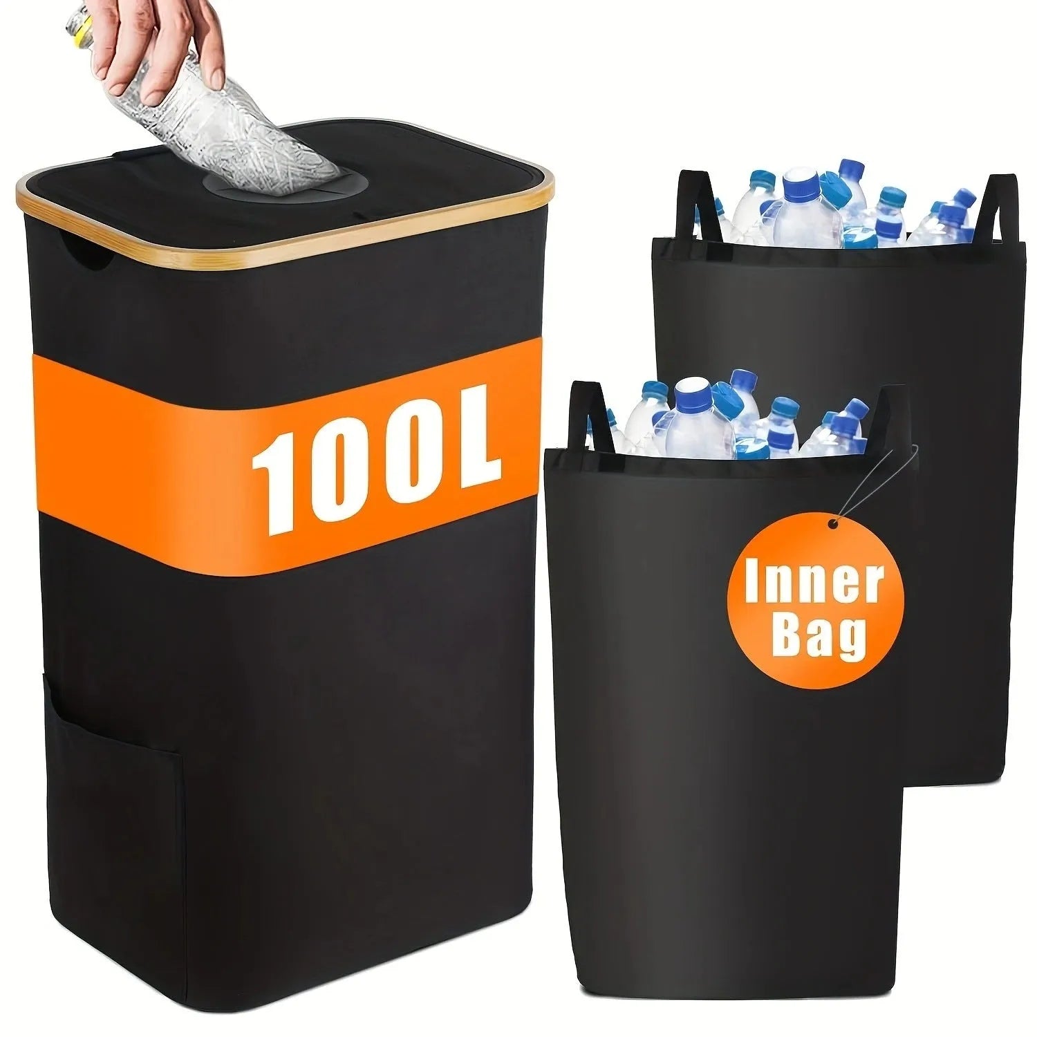 Black bamboo laundry basket with removable lid showing ventilation holes and inner mesh pockets