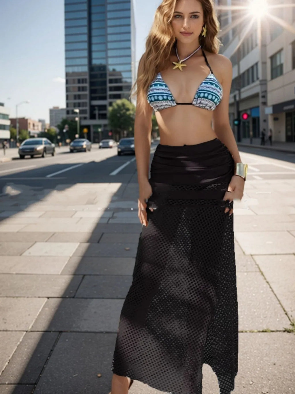 Women's brown gradient bikini set with fishnet overlay skirt, European-American swimwear style