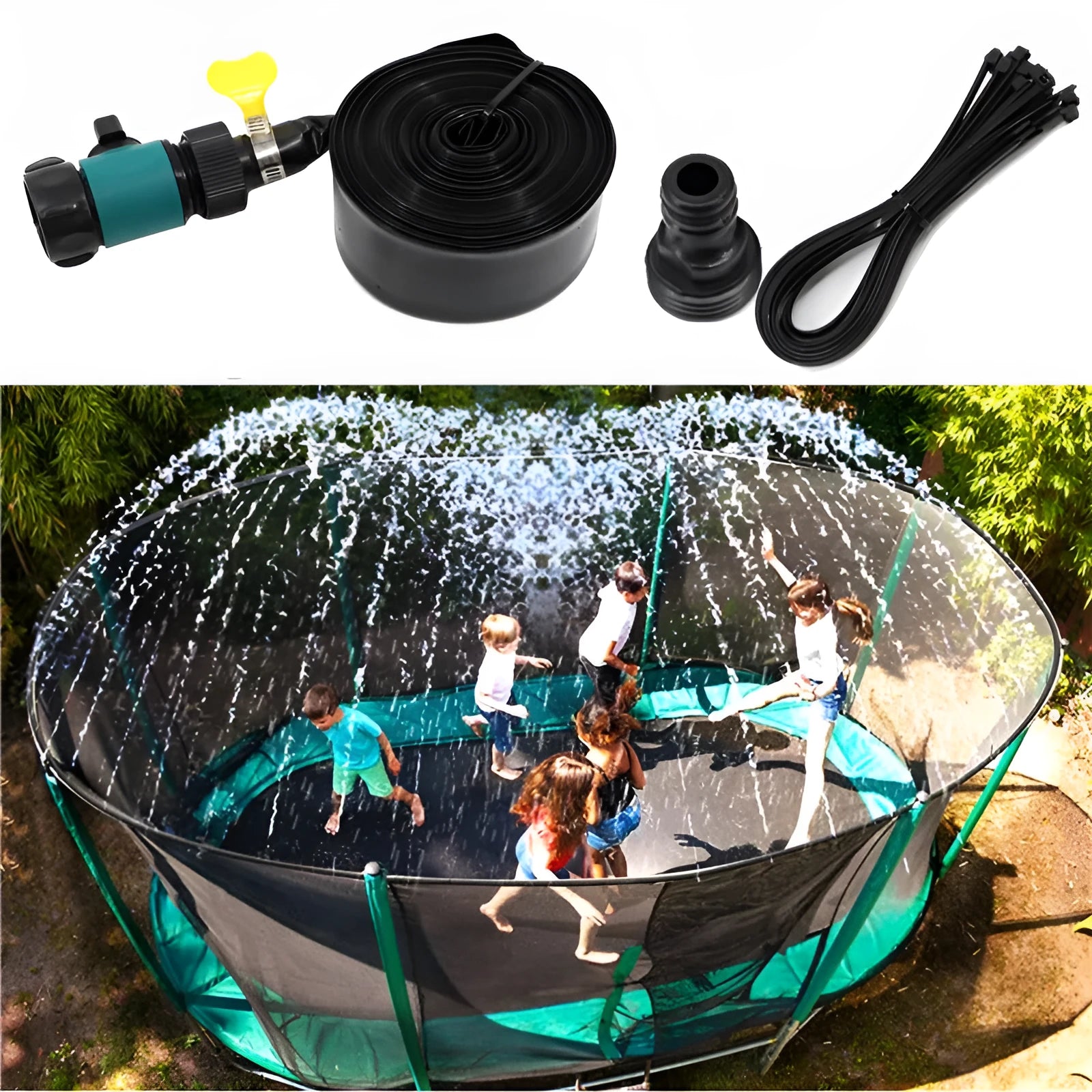Blue portable garden sprinkler with PVC switch and solar water cooling feature