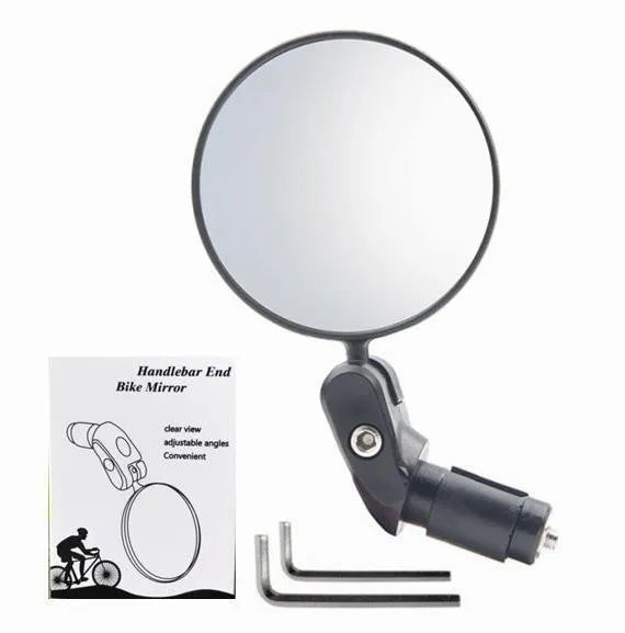 Black foldable convex rearview mirror extended on a table, showing its 7cm diameter and adjustable arm.