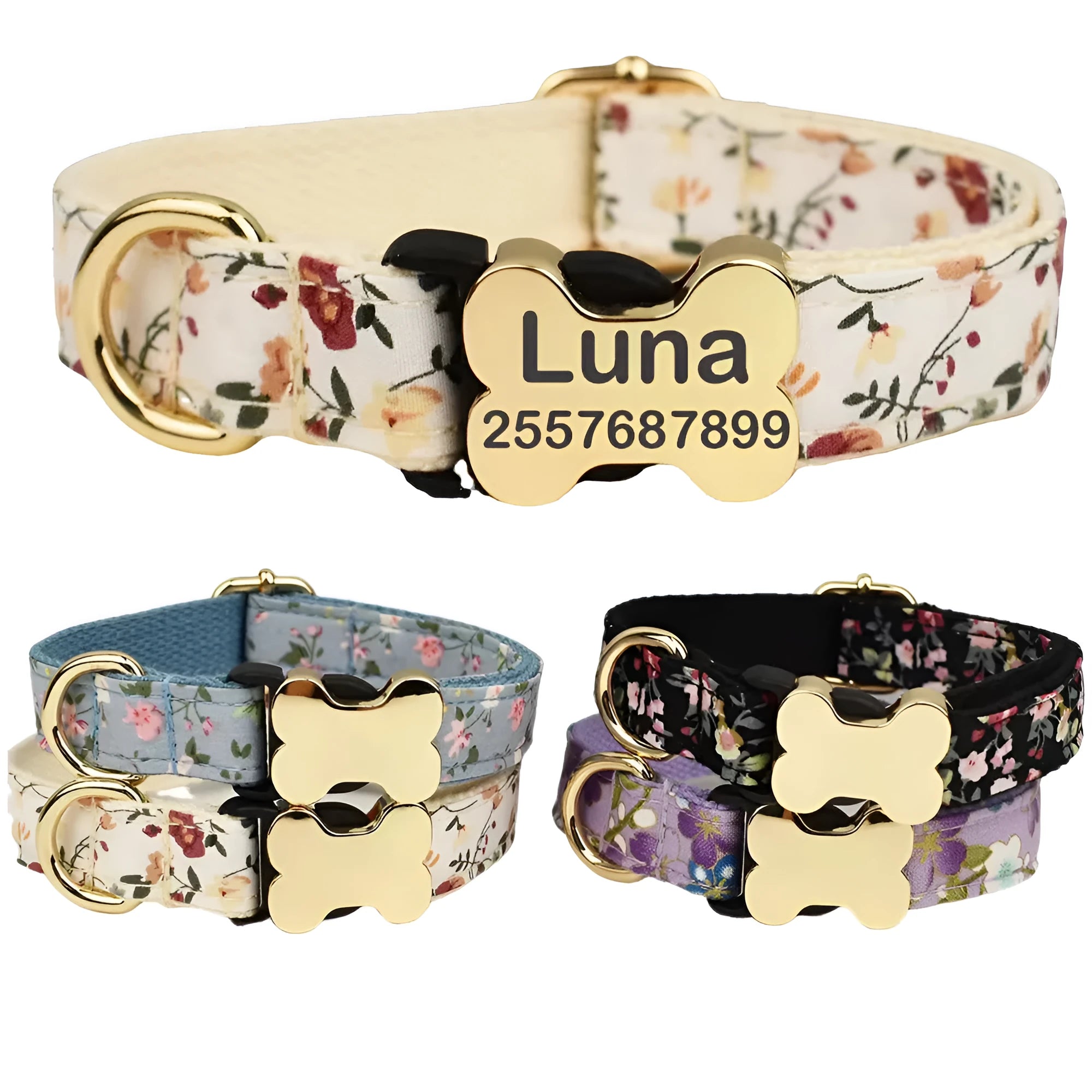 Flat nylon dog collar with grid pattern and bone-shaped buckle in multiple colour options